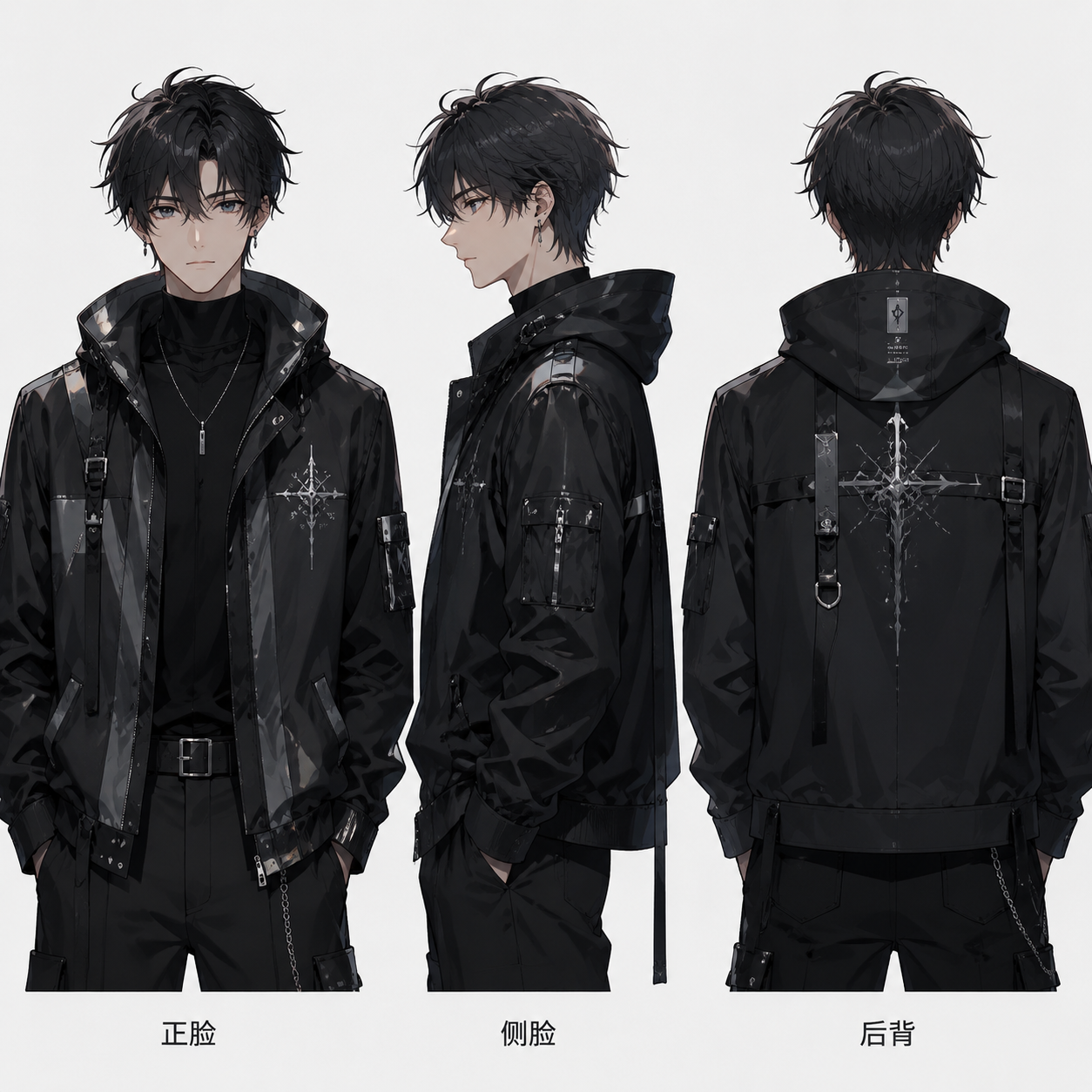 帮我生成一张 AI动漫男主角 图片保存 正脸，侧脸，后背