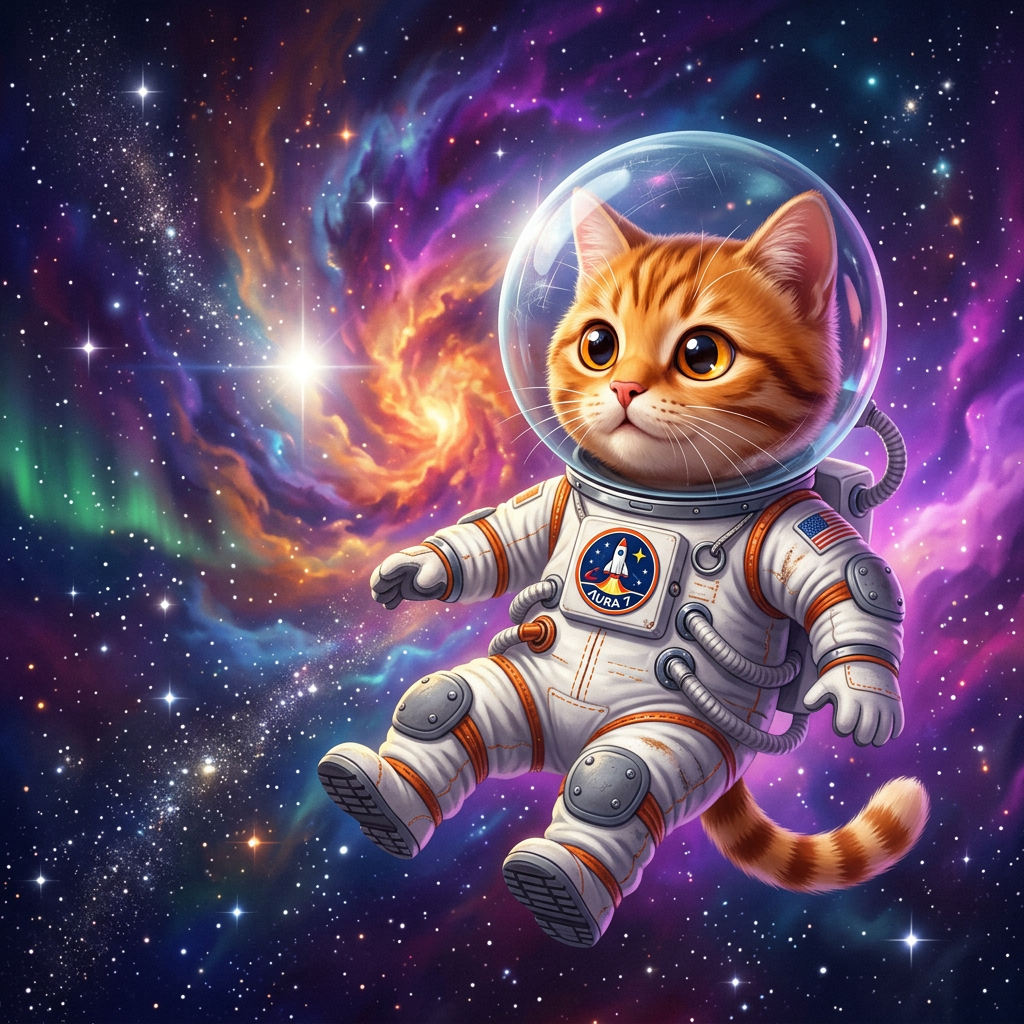 一只可爱的橘色虎斑猫穿着白色太空宇航服，透明头盔中露出圆润的面庞，琥珀色眼睛瞪得滚圆，闪烁着好奇与惊喜的光芒。宇航服缝线清晰，胸口有小型徽章图案，手臂与腿部带有灰色关节护垫和金属环。猫咪四肢自然张开，尾巴在失重状态下轻轻卷曲。背景是一片绚丽的星云，以紫色、品红、靛蓝和橙色交织而成，中心区域明亮如火焰，边缘融入深邃的黑色太空。星云中散落着细小的银色星辰，远处有一缕淡绿色极光。整体采用数字插画风格，兼具科幻写实与可爱卡通感。构图运用中心聚焦，猫咪位于画面正中偏右，面朝左侧光源。主光源来自左上角，为猫咪头盔和面部投下高光，宇航服表面产生柔和反光；右侧星云的彩色光晕为暗部补充紫色和粉色的环境光。细节上，头盔玻璃有轻微划痕和反射，猫毛在光线下根根分明，星云内部可见云气纹理和气体漩涡。环境氛围深邃、梦幻而宁静。相机参数模拟全画幅相机，焦距50mm，光圈f/2.8，焦点精确在猫咪眼睛，星云背景呈现柔和焦外光斑，画面浅景深。